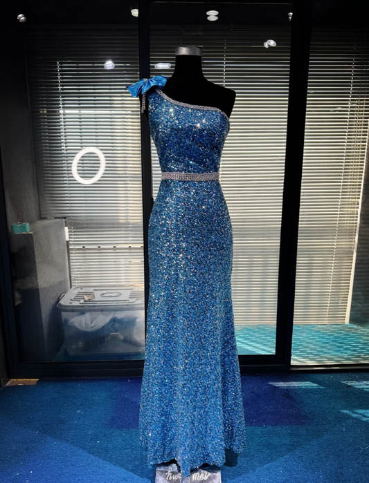 Gorgeous One Shoulder Blue Sequin Beaded Mermaid Long Party Dress 20th Birthday Outfits SP1956