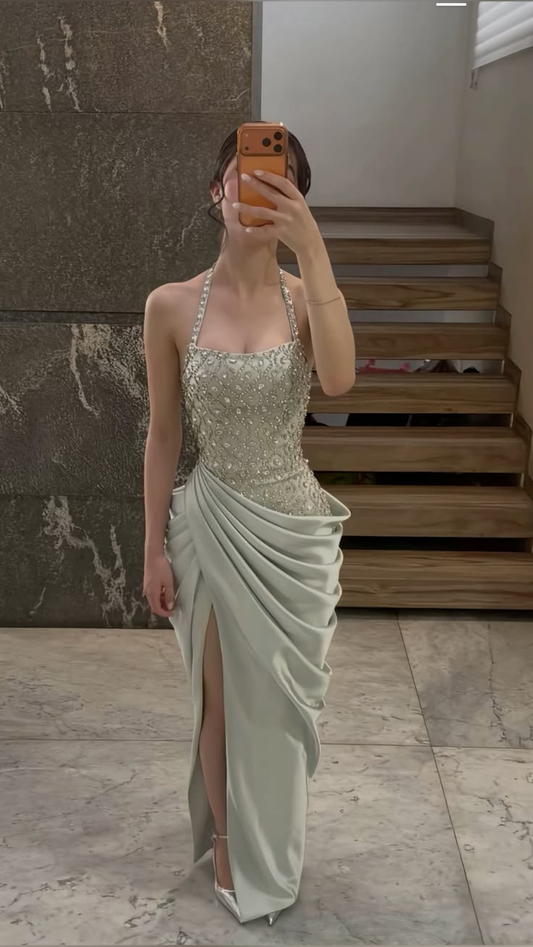 Stylish Halter Pale Sage Green Satin Pleated Beaded Slit Long Party Dress Prom Gown SP2677