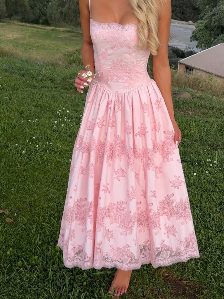 Elegant Spaghetti Straps Pink Lace A Line Long Party Dress Birthday Dress SP2671