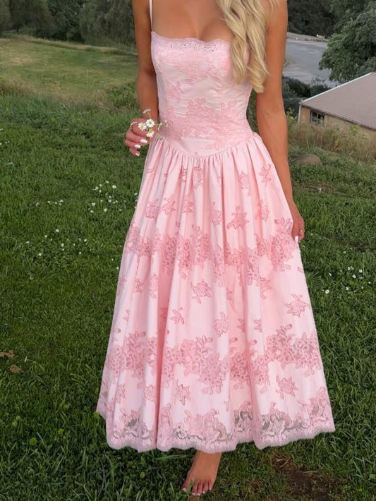 Elegant Spaghetti Straps Pink Lace A Line Long Party Dress Birthday Dress SP2671