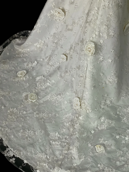 Pretty Strapless Off White Satin Lace 3D Floral Mermaid Long Wedding Dress SP4065