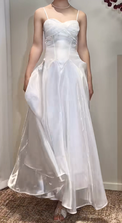 Glamorous White Spaghetti Straps Organza A Line Long Party Dress Formal Wedding Guest Dress SP425