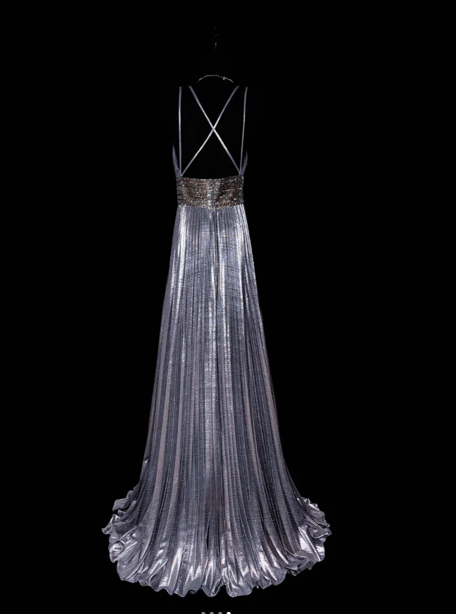 Chic Silver Gray Deep V Satin Pleated Beaded Evening Dress Formal Birthday Prom Dress SP478