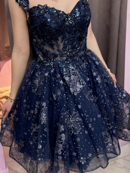 Pretty Navy Blue Tulle Sequin A Line Short Graduation Homecoming Dress,Mini Prom Dress SP2854