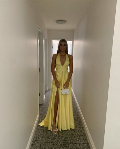 Modest Yellow Satin Long Evening Dresses with Side Slit Formal Party Dress  Y5217