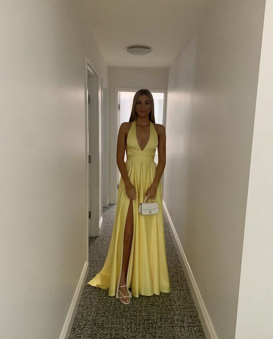 Modest Yellow Satin Long Evening Dresses with Side Slit Formal Party Dress  Y5217