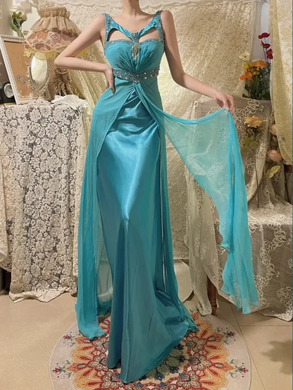 Pretty Blue Satin Chiffon Beaded Long Party Dress Prom Dress SP412