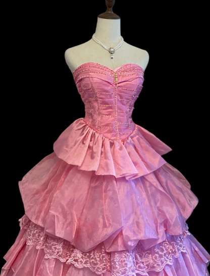 Pretty Strapless Pink Lace Satin Pleated Beaded Long Party Dress Evening Dress SP4091