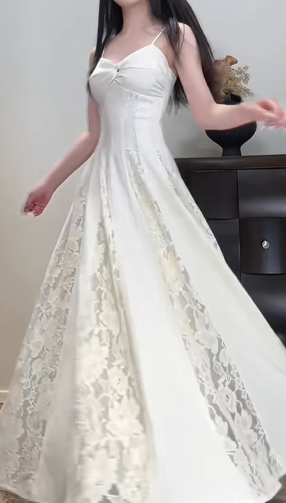 Pretty Spaghetti Straps Off-white Satin Lace A Line Long Prom Dress Party Gown SP426