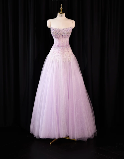 Sweet Purple Strapless Tulle Sequin Beaded A Line Princess Prom Dress Long Birthday Evening Gown SP2238