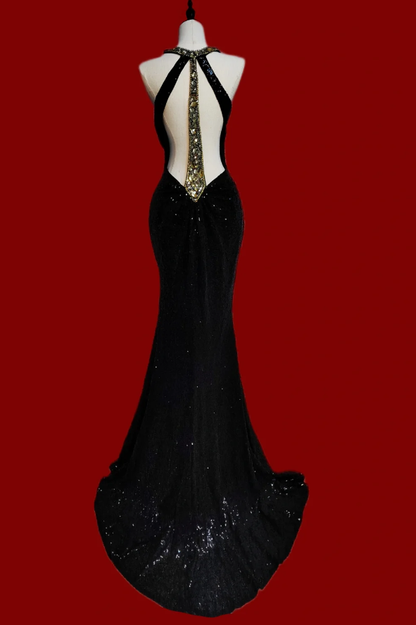 Sexy Black Halter Sequin Beaded Mermaid Prom Dress Backless Long Birthday Party Dress SP506