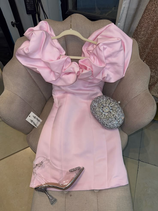 Sweet Off The Shoulder Satin Short Birthday Dress,Pink Short 9th Grade Homecoming Dress SP3028