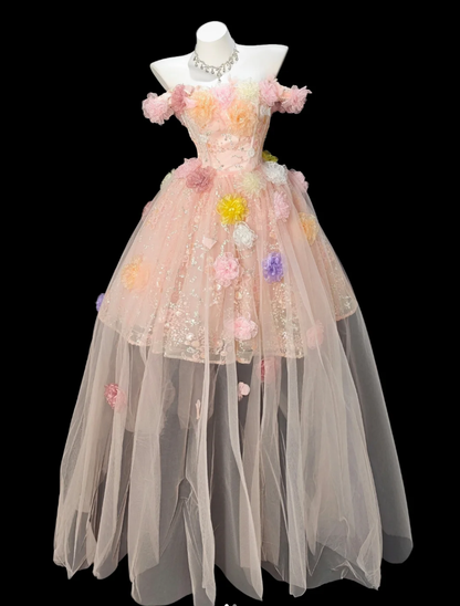 Pretty Pink Off The Shoulder Tulle Sequin Appliques Long Prom Dress Birthday Party Gown Detachable Outer Yarn SP1922