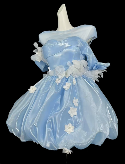 Charming Blue Tulle Appliques A Line Short Homecoming Dress,Off The Shoulder Mini 20th Birthday Outfits SP3551