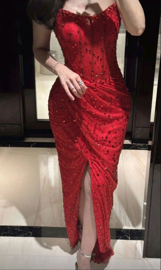 Charming Strapless Red Chiffon Beaded Slit Mermaid Long Evening Dress Prom Gown SP889