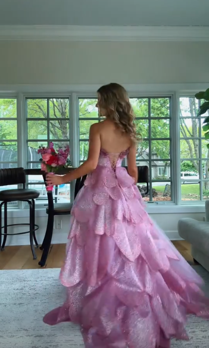 Glamorous Sweetheart Neck Tulle Sequin 3D Floral Long Party Dress,Pink Long Birthday Prom Dress SP3372
