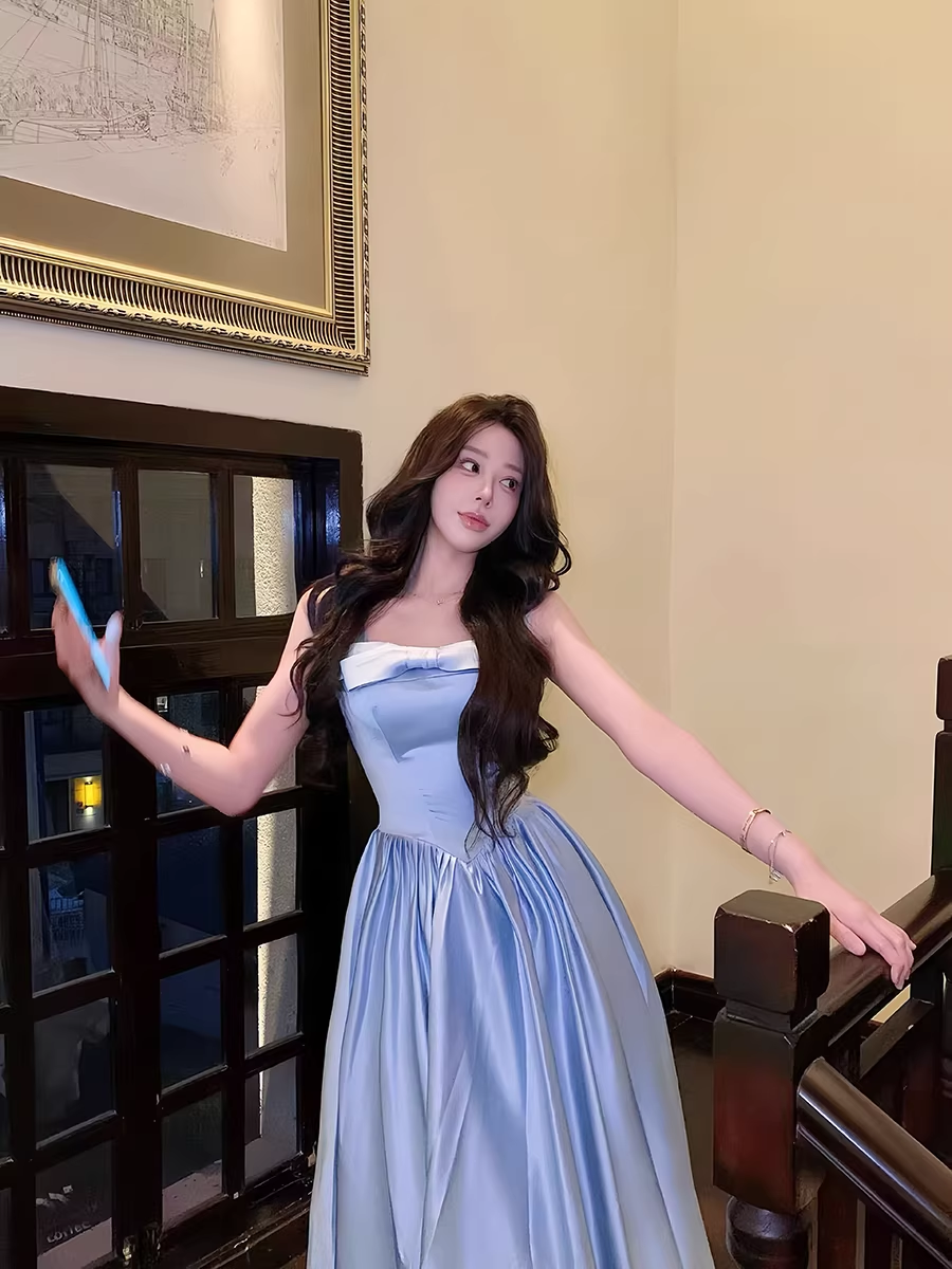 Cute Blue Bow Satin A Line Long Evening Dress Formal Evening Dress SP2028