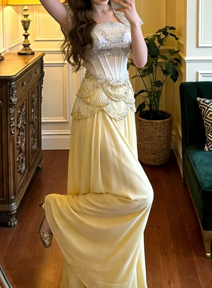 Gorgeous Yellow Chiffon Beading Pleated Long Party Dress Backless Long Birthday Prom Dress SP3864