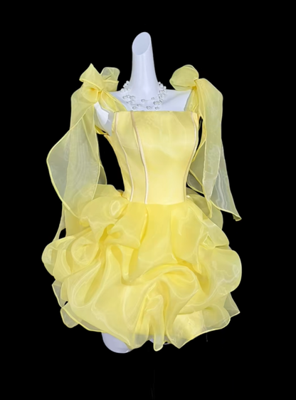 Beautiful Yellow Satin Tulle Pleated A Line Short Homecoming Dress Birthday Dress SP3512