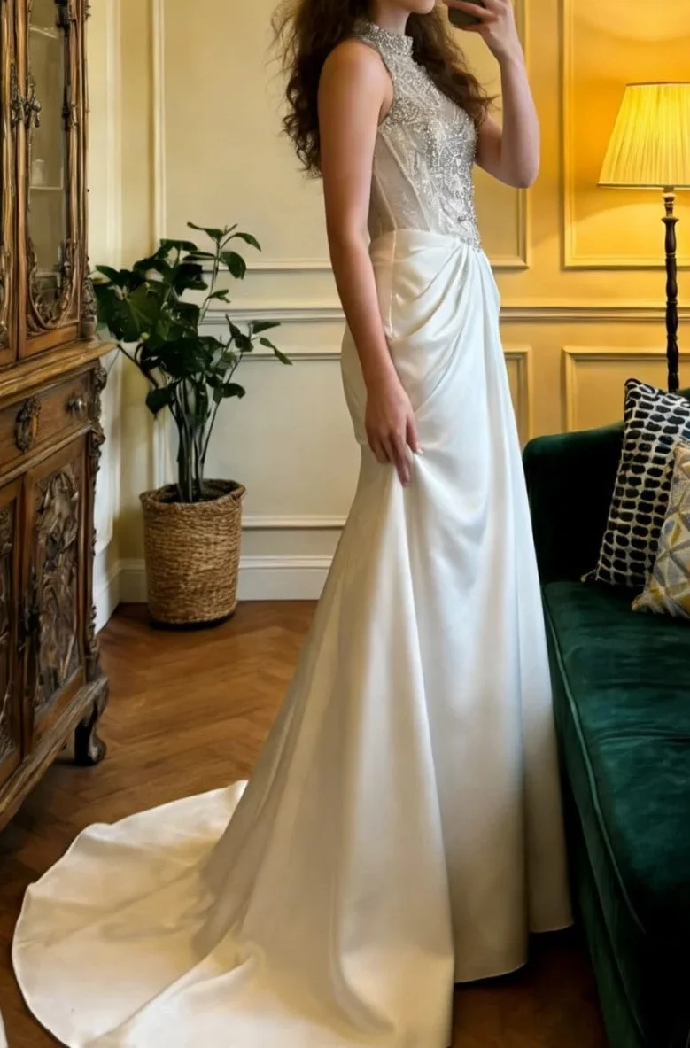 Gorgeous Satin Beading Pleated Birthday Party Dress White Mermaid Long Prom Dress SP3863