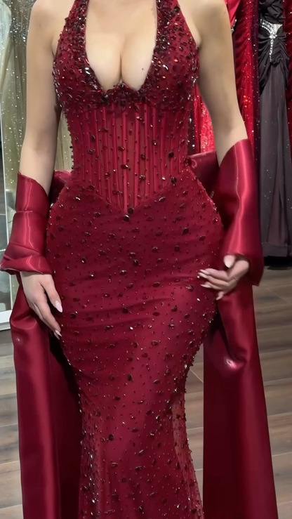 Gorgeous Burgundy Halter Beaded Mermaid Long Party Dress Birthday Dress With Shawl SP2223
