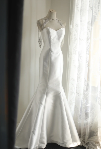 Charming Sleeveless Satin Beaded Mermaid Long Wedding Dress Formal Bridal Dress SP1241