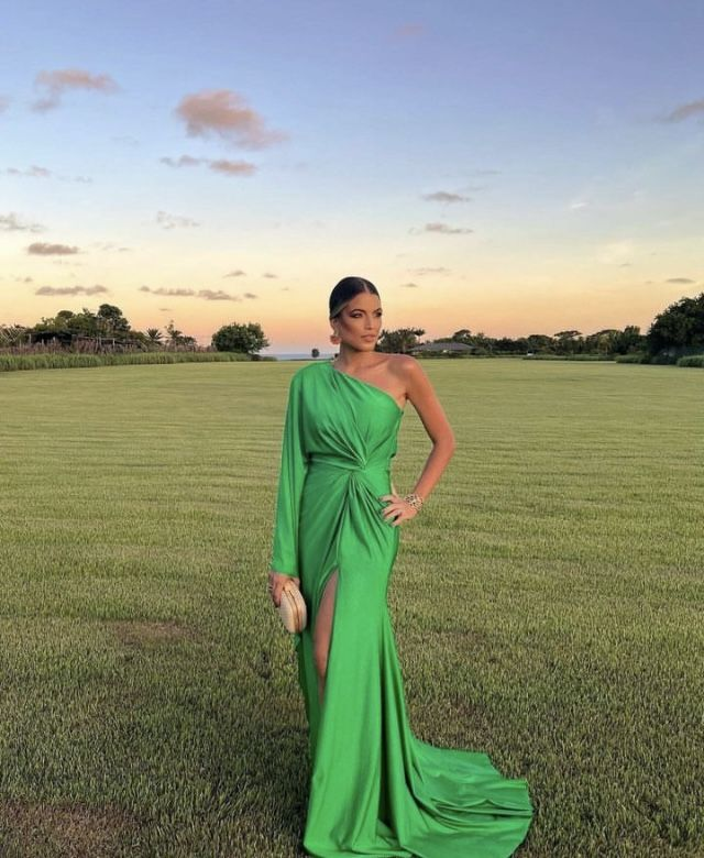 Green One Sleeve Evening Dress With Split,Gala Dress  Y5584