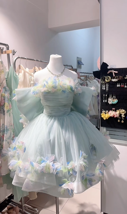 Pretty Mint Green Floral A Line Short 17th Birthday Outfits,Strapless Graduation Homecoming Dress With Bow SP2630