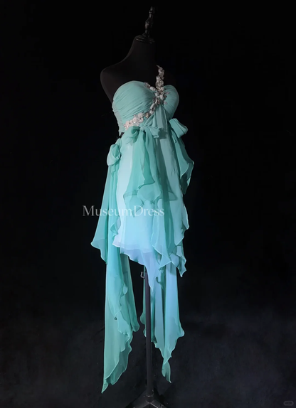 Elegant One Shoulder Light Lake Blue Chiffon Sequin Floral Short Homecoming Dress,Formal 15th Birthday Outfits SP2895