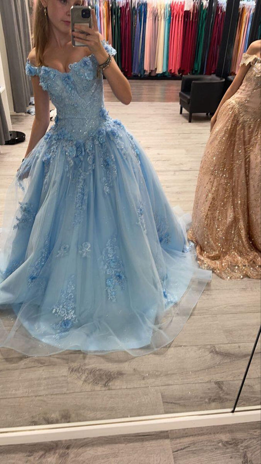 Beautiful Off The Shoulder Quinceanera Dress,Blue Tulle Appliques Sweet 16 Dress SP2634