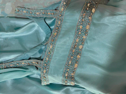 Pretty Blue Satin Chiffon Beaded Long Party Dress Prom Dress SP412