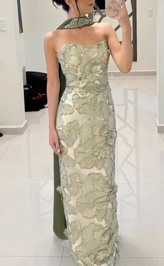 Gorgeous Green Strapless Satin Sequin Beaded Long Evening Dress Prom Gown With Scarf SP699