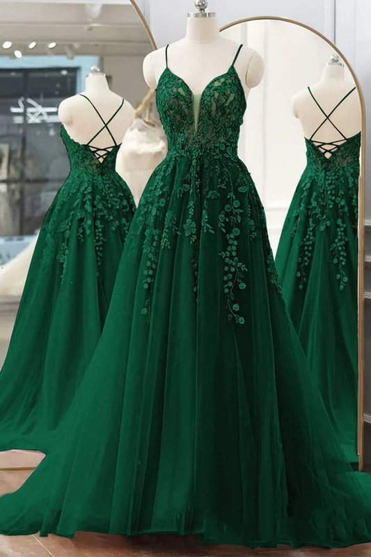 Pretty V Neck Green Lace Floral Long Prom Dresses, A Line Tulle Formal Evening Dresses  Y4251
