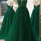Pretty V Neck Green Lace Floral Long Prom Dresses, A Line Tulle Formal Evening Dresses  Y4251