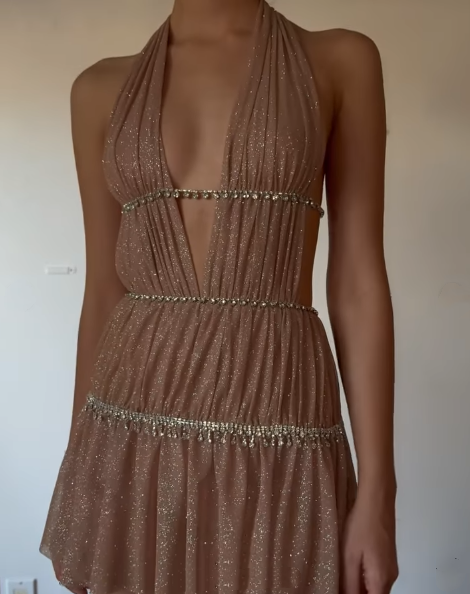 Sparkly Halter Deep V Satin Sequin Beaded Short Graduation Homecoming Dress 19th Birthday Outfits SP43