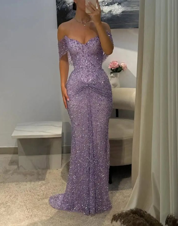 Shiny Purple Tulle Beaded Mermaid Long Party Dress,Off The Shoulder Long Wedding Guest Dress SP3407