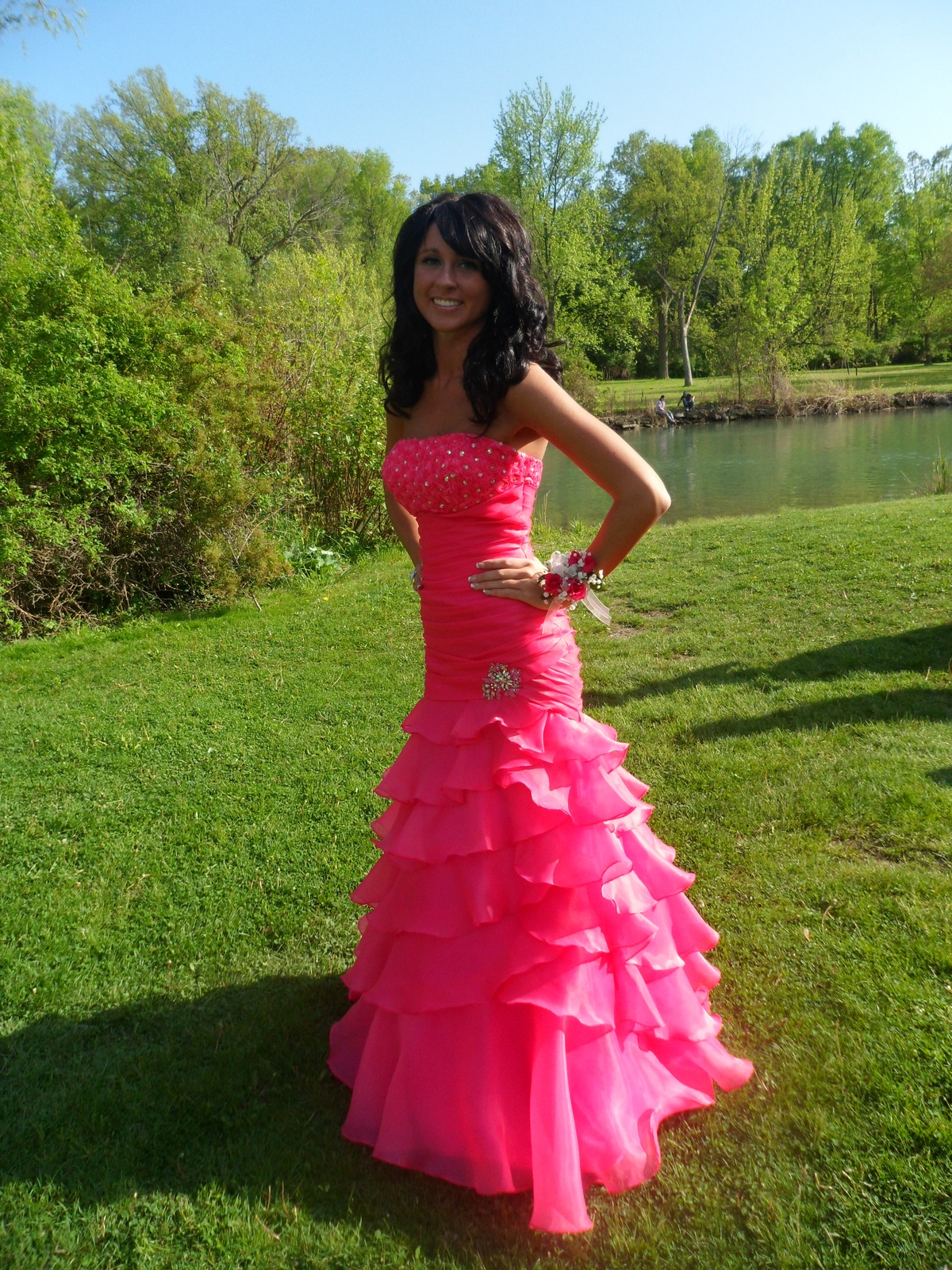 Pretty Hot Pink Strapless Beaded Tulle Ruffles Mermaid Long Party Dress Formal Wedding Guest Dress SP1185