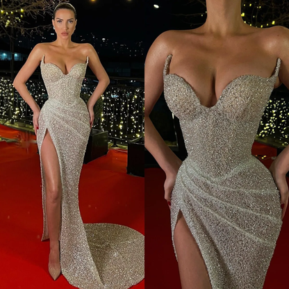 Sexy Sequin Sweetheart V-Neck Sleeveless Side Slit Mermaid Long Prom Dress Y6658