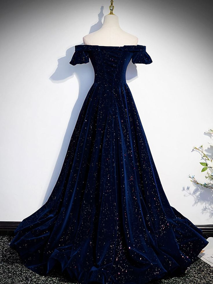 A-Line Off Shoulder Velvet Long Prom Dress, Long Formal Dress Y7433