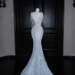 Dream Blue Tulle Beaded Chain V Neck Long Mermaid Prom Dress Evening Dress Y8665