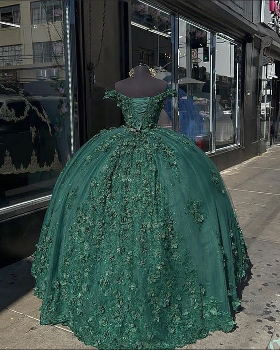 Dark Green Princess Ball Gown Quinceanera Dresses Sweet 15 Party 3D Flowers Lace Applique Birthday Gown Y4254