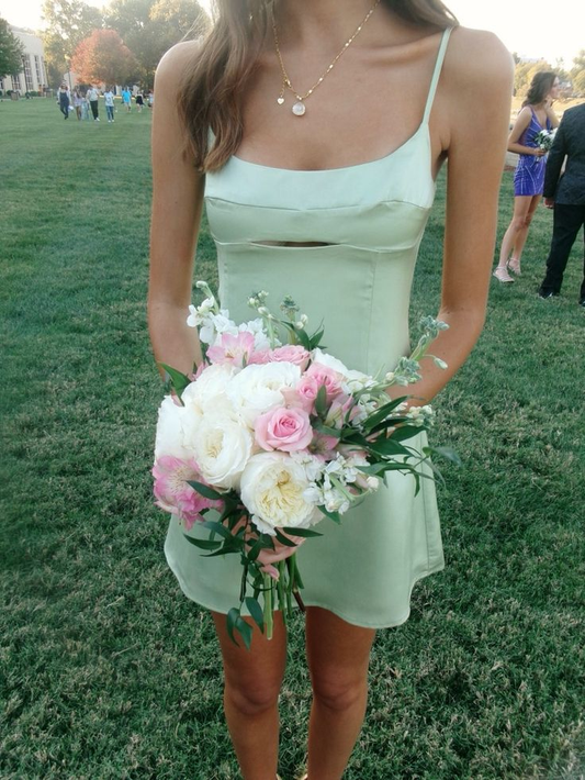 Simple Green Spaghetti Straps Satin Mini Cocktail Dress Homecoming Dress SP2948