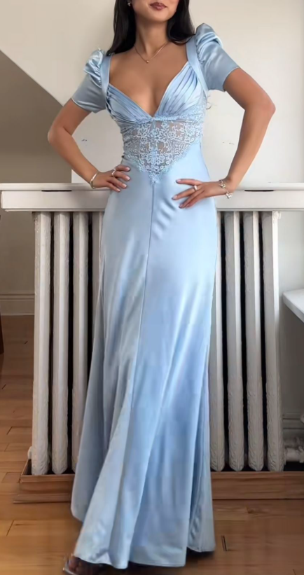 Classy Blue V Neck Satin Lace Long Mermaid Evening Dress Wedding Guest Dress SP382