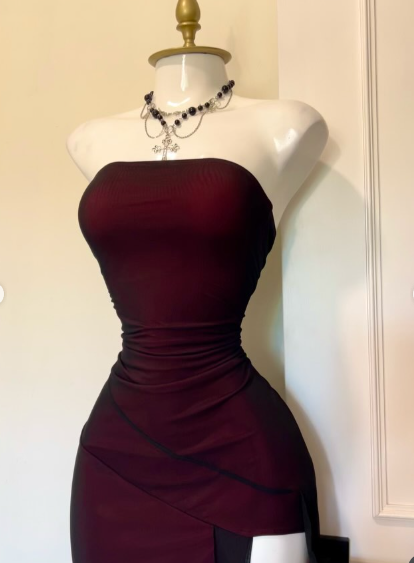 Vintage Strapless Burgundy Sheath Slit Prom Dress Birthday Party Dress Y9635