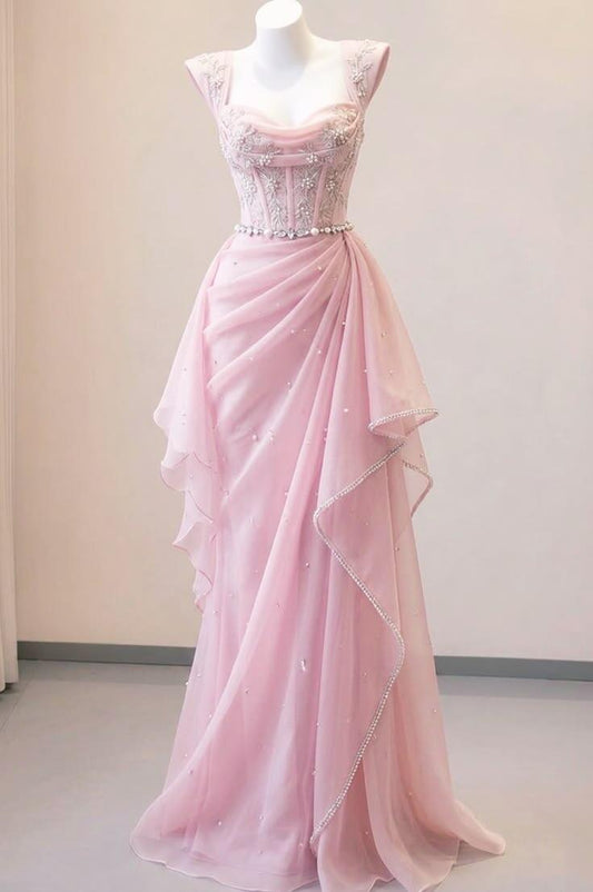 Charming Pink Chiffon Beaded Mermaid Long Party Dress Evening Gown SP2587
