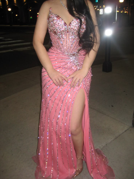 Gorgeous Pink Satin Tulle Sequin Beaded Mermaid Slit Long Party Dress Birthday Dress SP2449