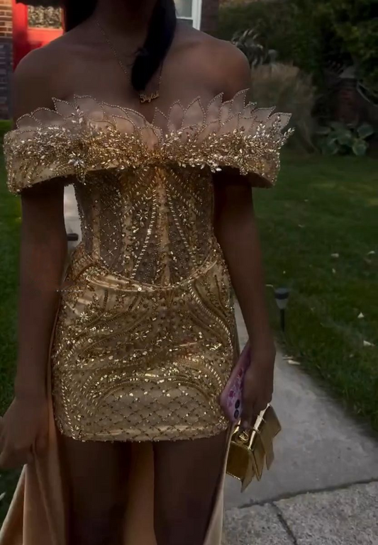 Luxurious Gold Satin Beaded Short Homecoming Dress,Off The Shoulder Sheath Mini Prom Gown SP2941