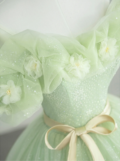 A-Line Off Shoulder Tulle Sage Green Long Prom Dress, Green Sweet 16 Dress Y5854