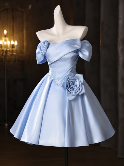 Classy Blue Satin Off the Shoulder Pleated Homecoming Dress,A Line Short Birthday Outfits SP3431