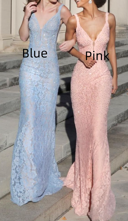 Charming V Neck Lace Sequin Mermaid Long Evening Dress Wedding Guest Dress SP385